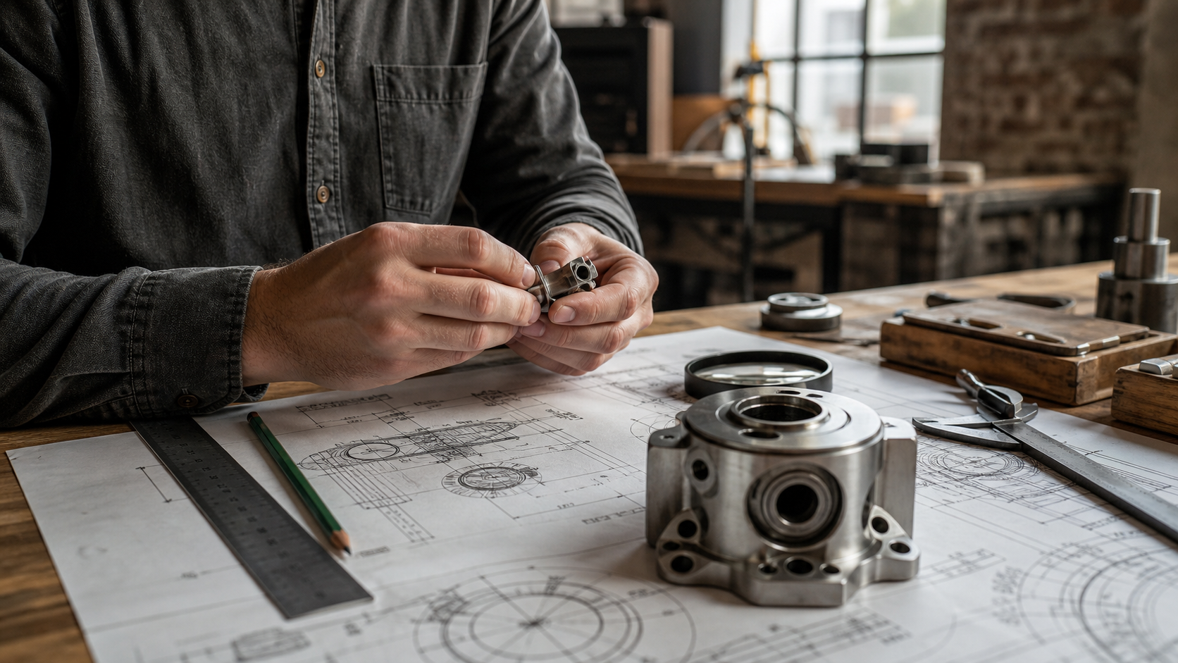 Inventor trabalhando com uma peça mecânica sobre desenhos técnicos