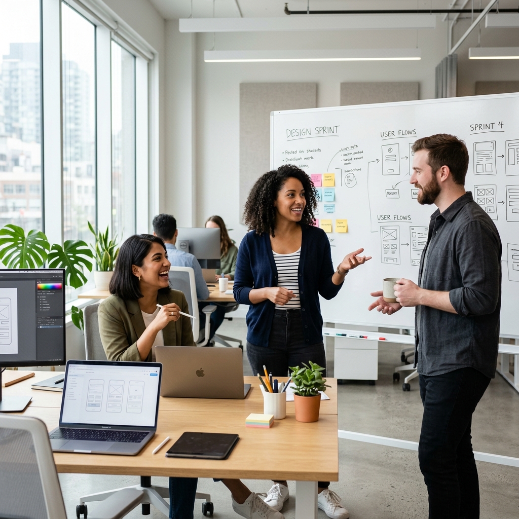 Equipe reunida em um ambiente de trabalho colaborativo